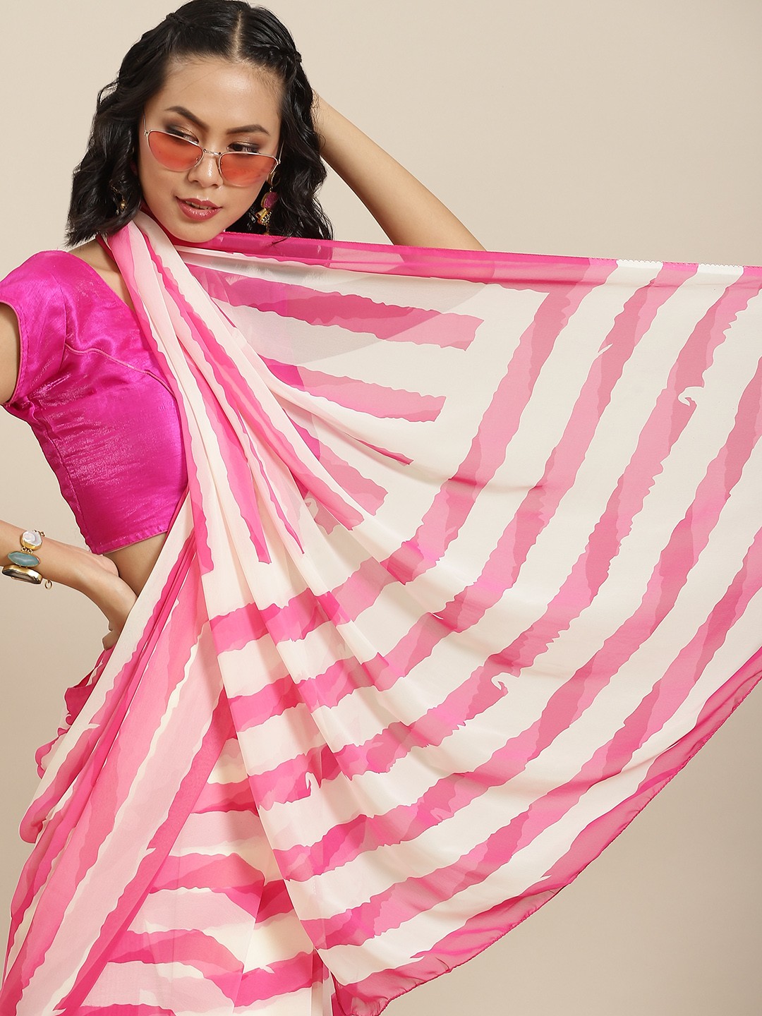 

Havida Sarees Pink & White Poly Chiffon Striped Saree