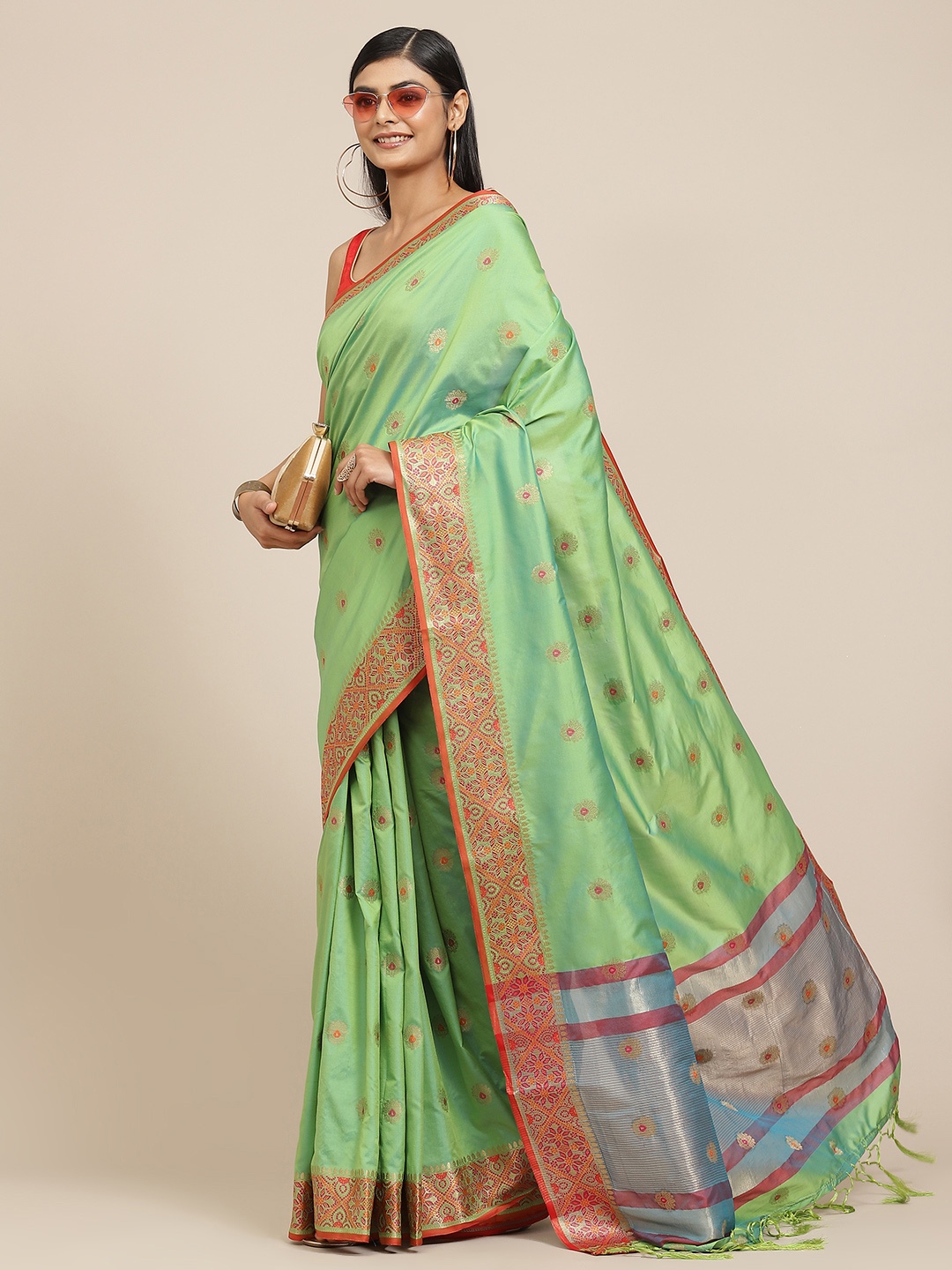 

Havida Sarees Green Ethnic Motifs Zari Silk Blend Banarasi Saree