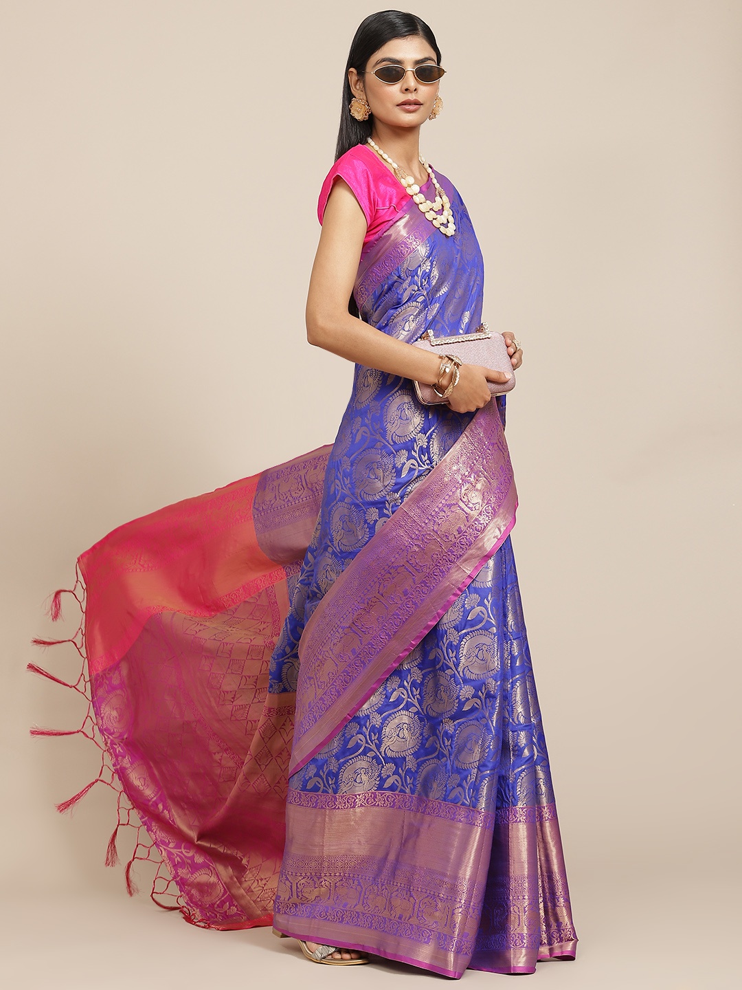 

Havida Sarees Blue & Golden Ethnic Motifs Zari Banarasi Saree