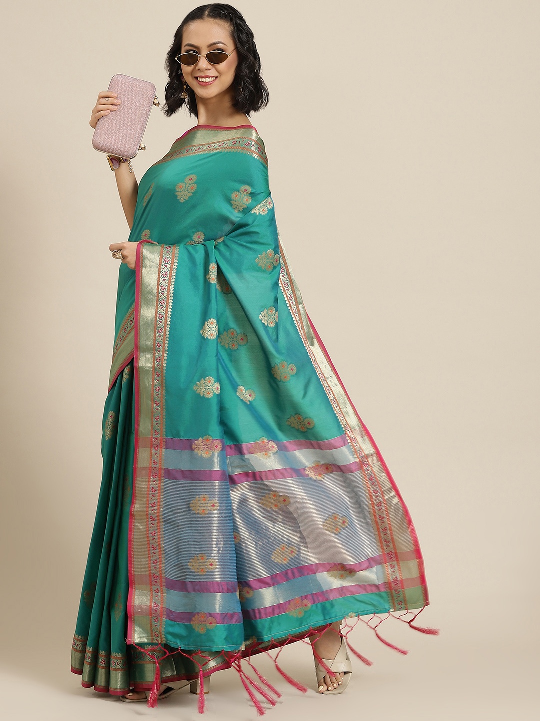 

Havida Sarees Turquoise Blue & Mauve Embellished Zari Silk Blend Banarasi Saree