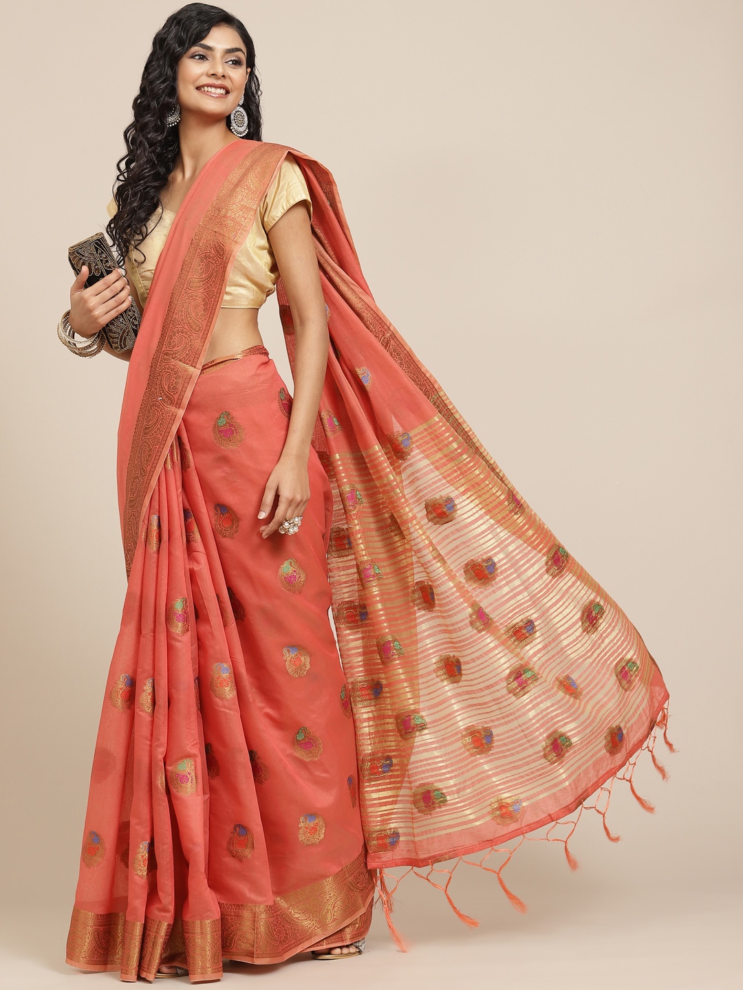 

Havida Sarees Coral Pink & Golden Ethnic Motifs Woven Design Saree