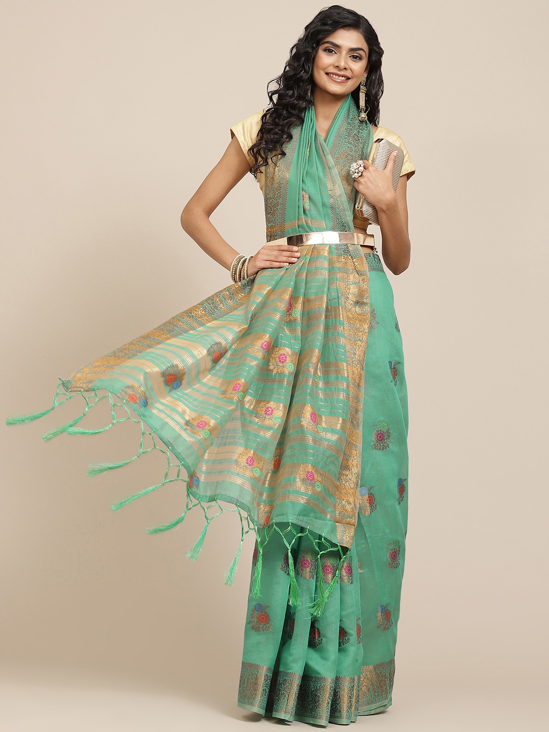 

Havida Sarees Sea Green & Golden Ethnic Motifs Woven Design Saree