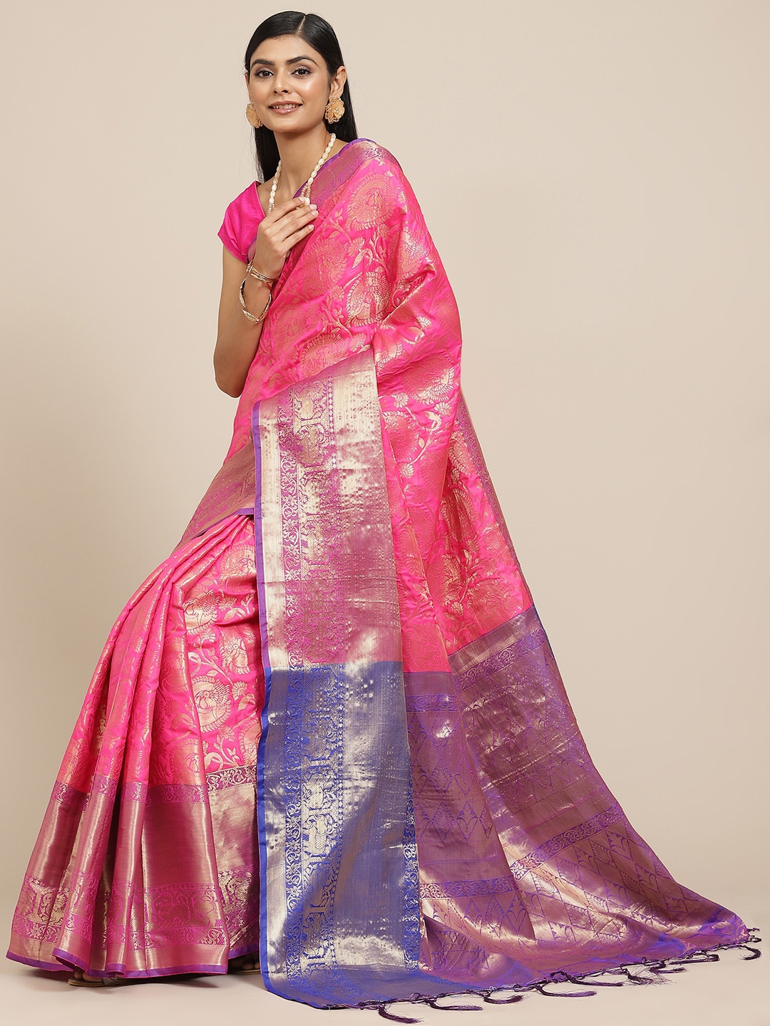 

Havida Sarees Pink & Golden Ethnic Motifs Zari Silk Blend Banarasi Saree