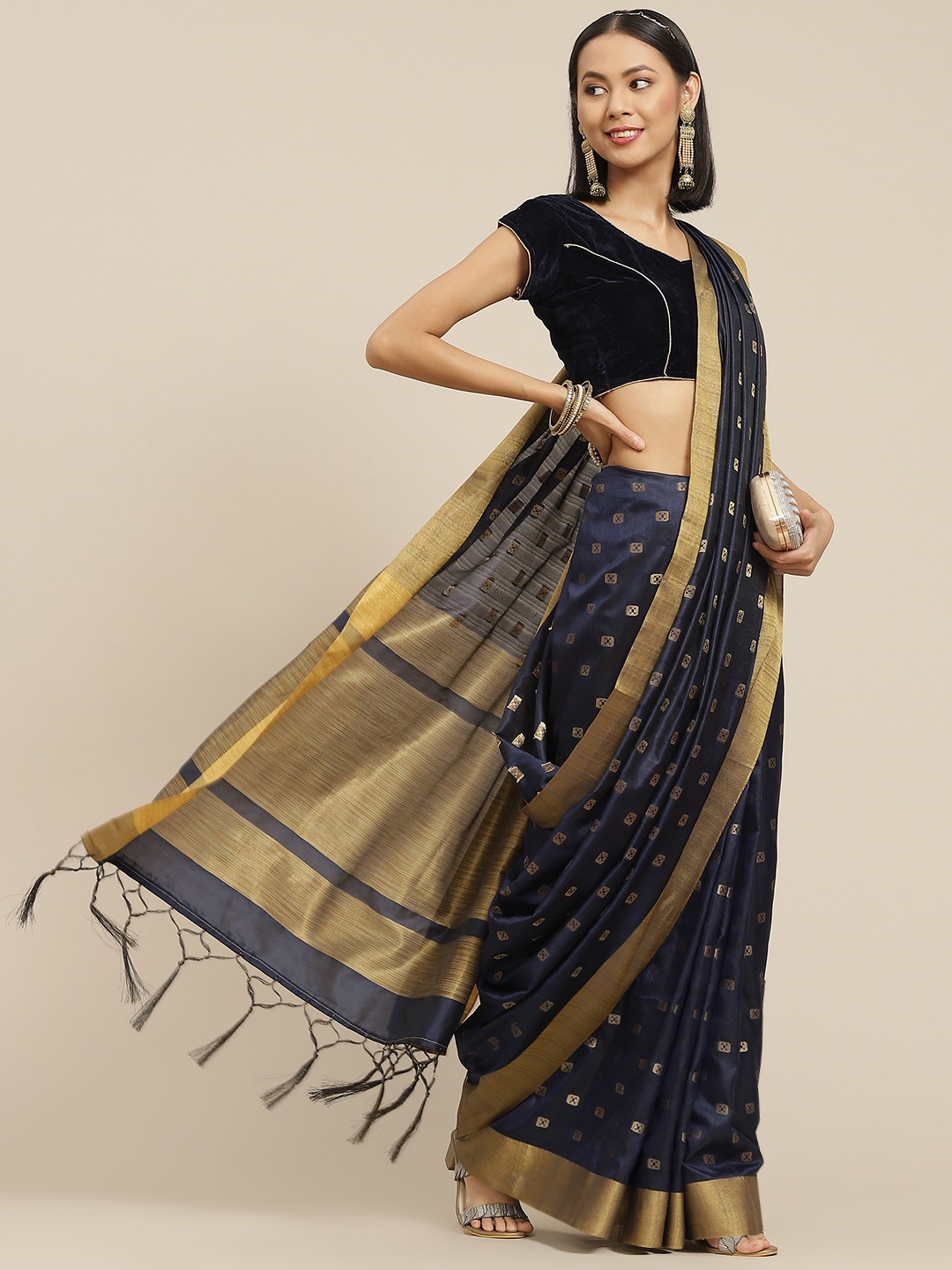 

Havida Sarees Navy Blue Ethnic Motifs Zari Silk Cotton Bhagalpuri Saree