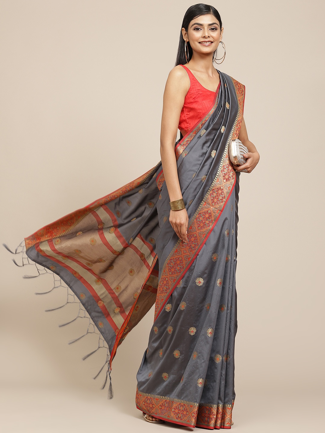

Havida Sarees Grey Ethnic Motifs Zari Silk Blend Banarasi Saree