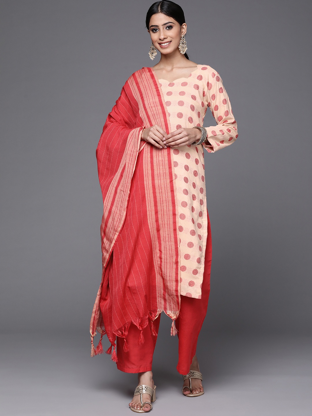 

Chhabra 555 Women Beige & Coral Red Made-to-Measure Kurta with Palazzos & Dupatta