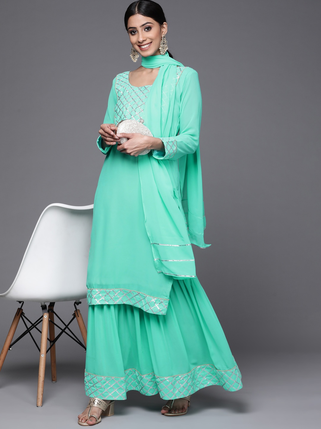

Chhabra 555 Women Sea Green Yoke Design Made-to-Measure Kurta with Sharara & Dupatta