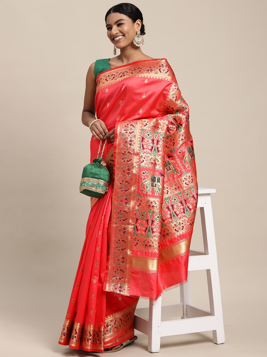 

Mitera Pink & Golden Ethnic Design Zari Silk Blend Paithani Saree