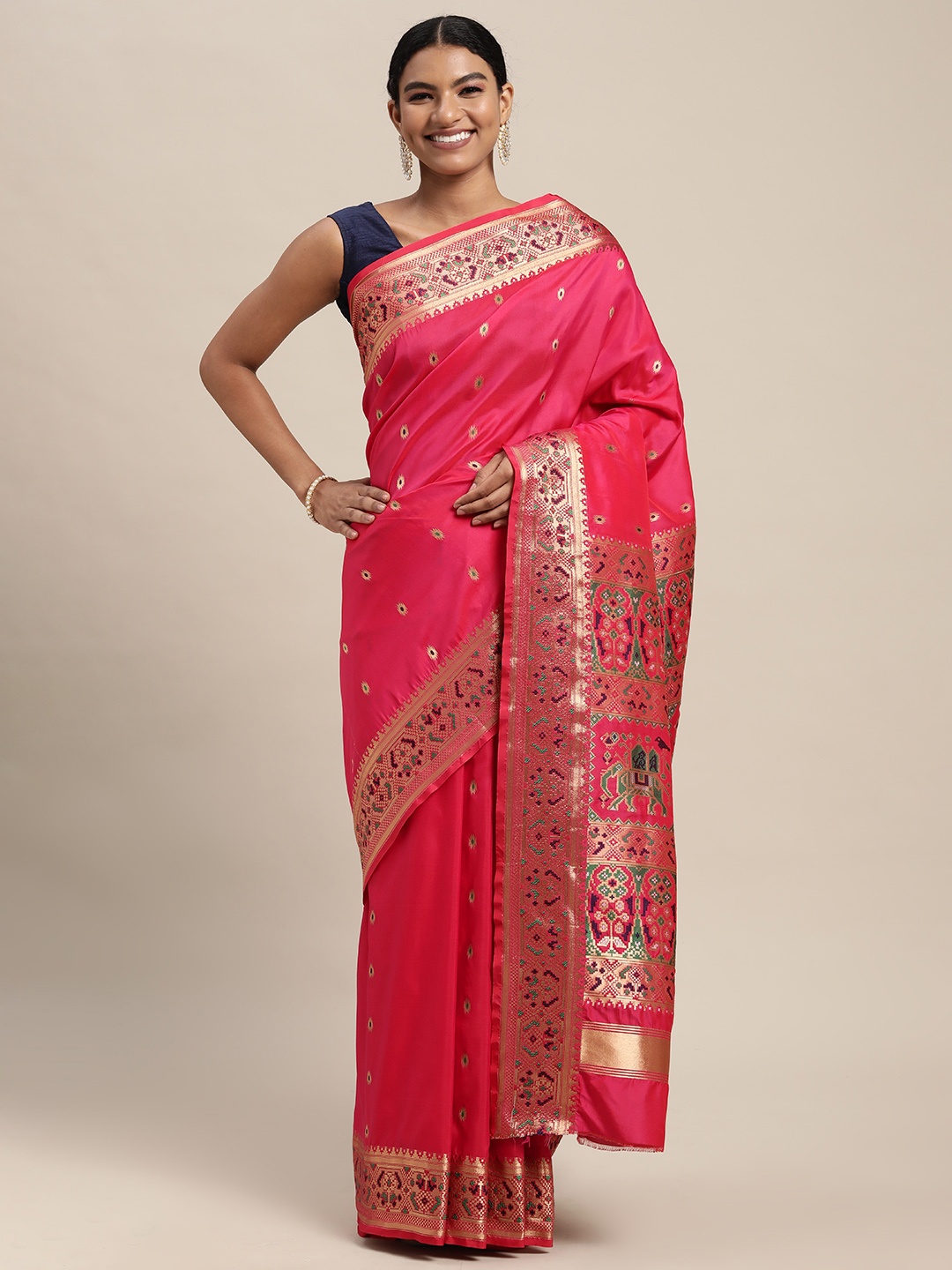 

Mitera Pink & Golden Woven Design Zari Silk Blend Paithani Saree
