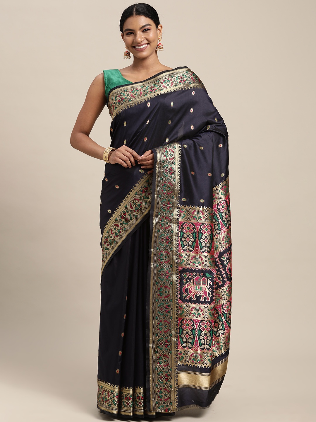 

Mitera Navy Blue & Golden Ethnic Woven Design Zari Silk Blend Paithani Saree