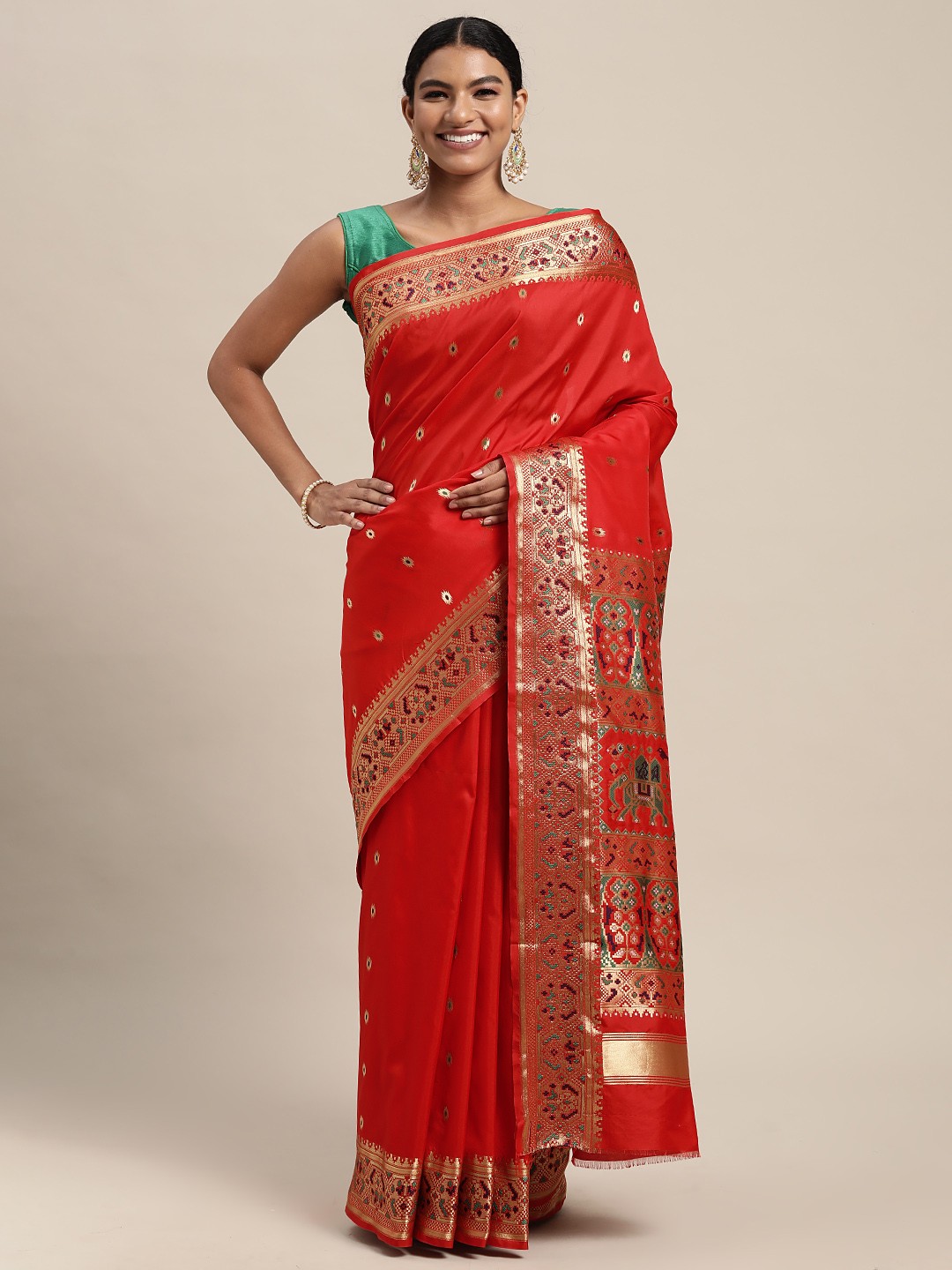 

Mitera Red & Golden Ethnic Woven Design Zari Silk Blend Paithani Saree