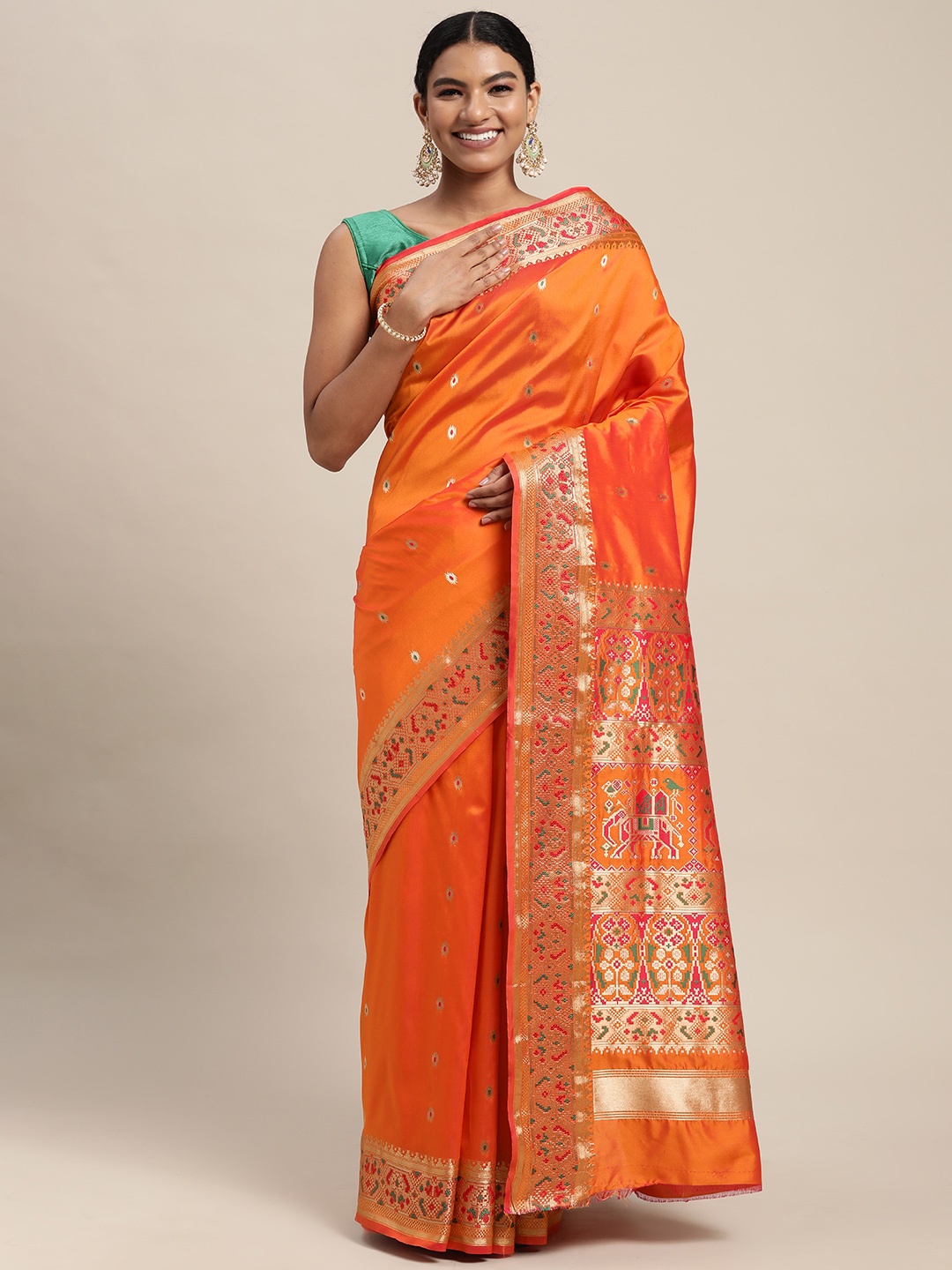

Mitera Orange & Golden Ethnic Design Zari Silk Blend Paithani Saree