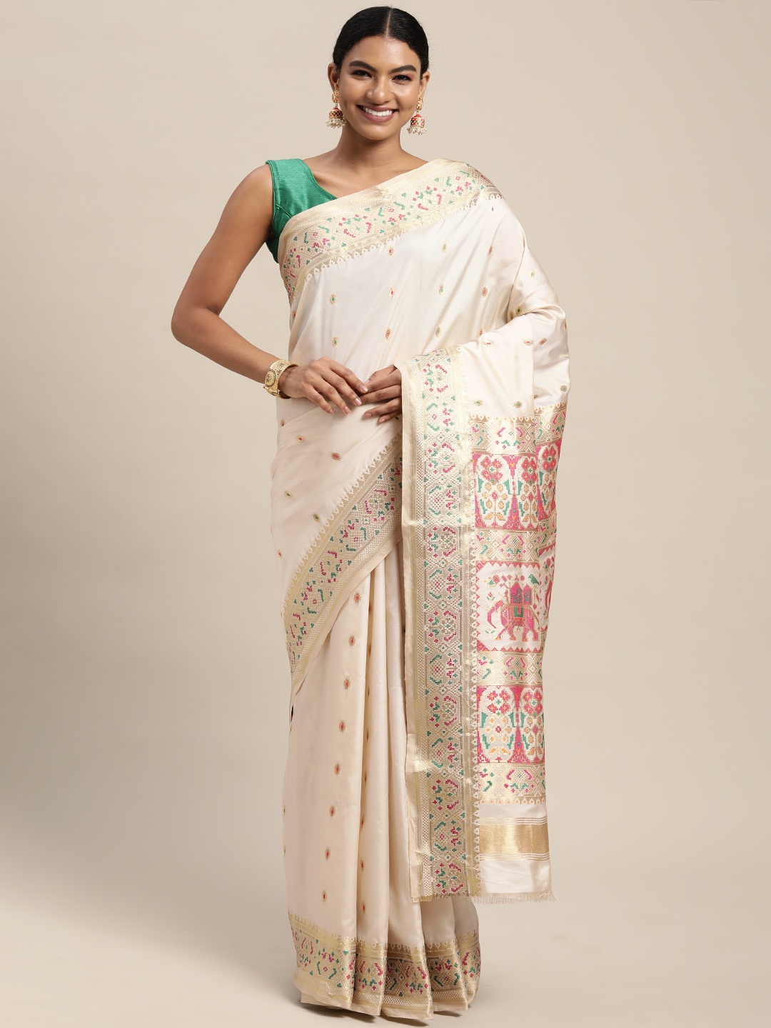 

Mitera Off White & Golden Ethnic Woven Design Zari Silk Blend Paithani Saree