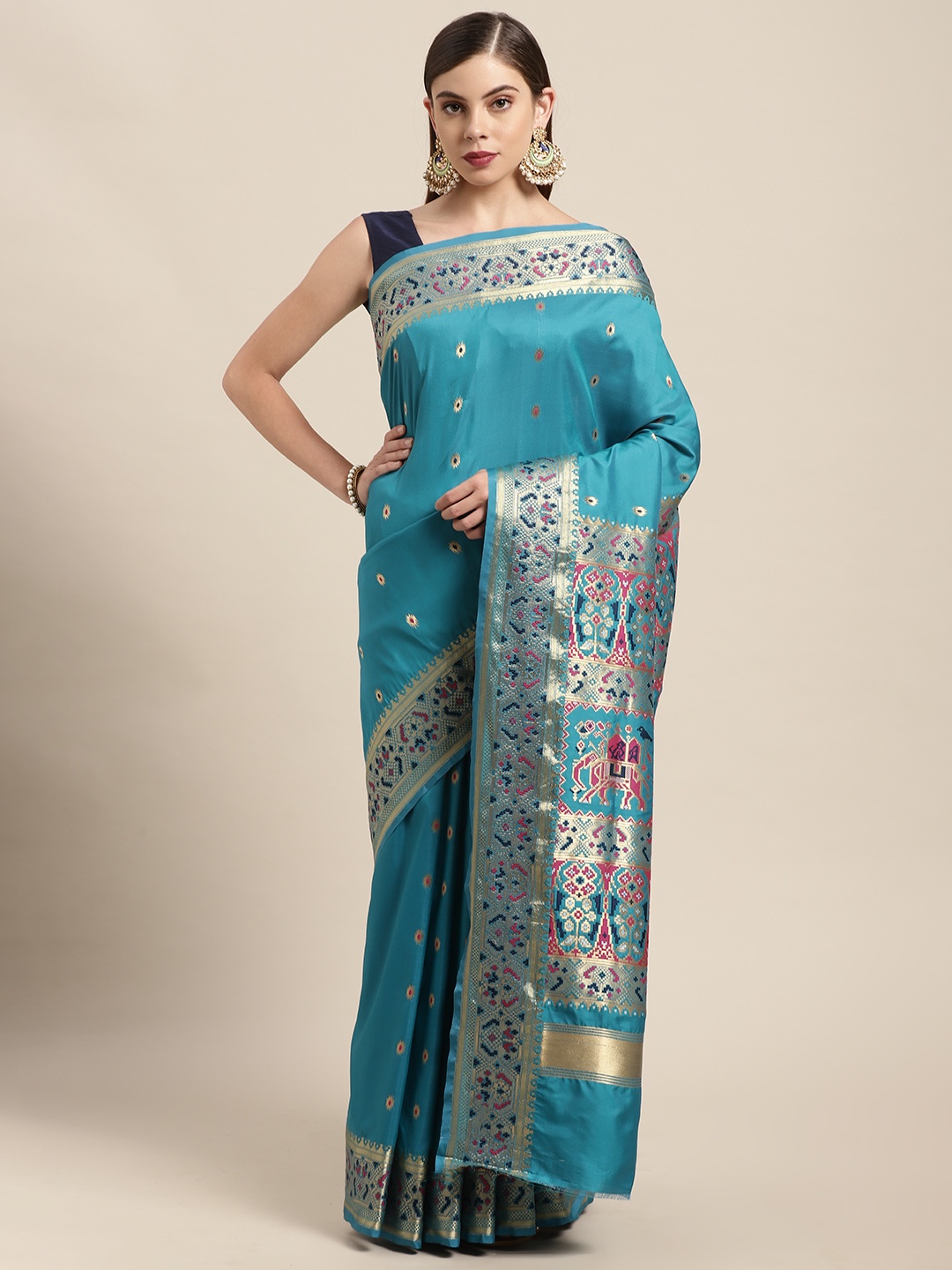 

Mitera Blue & Golden Ethnic Design Zari Silk Blend Paithani Saree