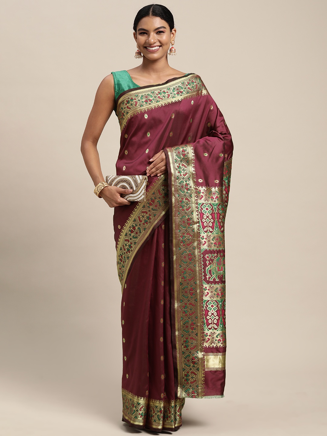 

Mitera Purple & Golden Ethnic Woven Design Zari Silk Blend Paithani Saree