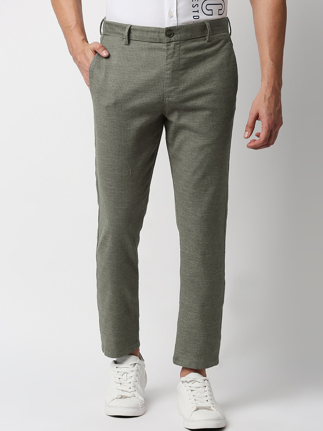 

Basics Men Olive Green Striped Tapered Fit Trousers