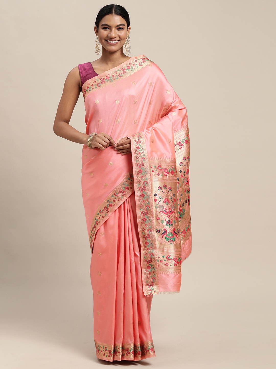 

Mitera Burgundy & Golden Ethnic Design Zari Silk Blend Paithani Saree