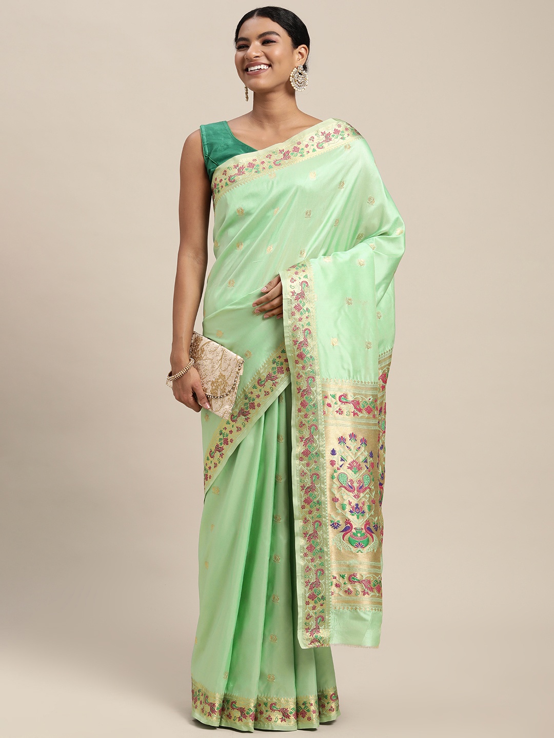 

Mitera Green & Golden Ethnic Design Zari Silk Blend Paithani Saree