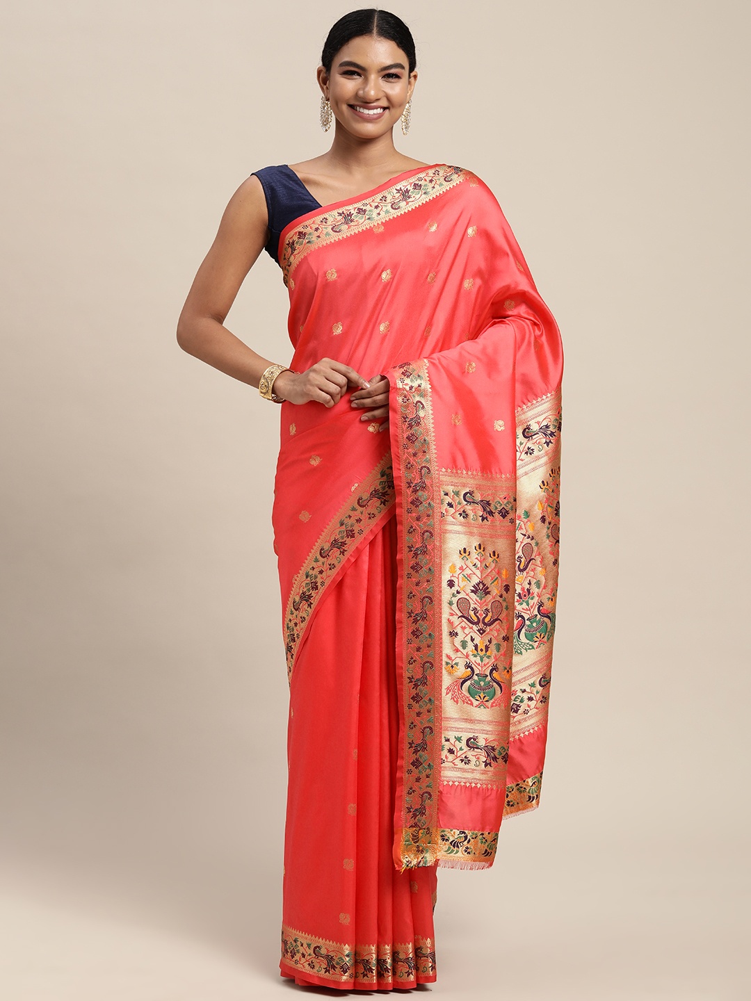

Mitera Pink & Golden Ethnic Woven Design Zari Silk Blend Paithani Saree