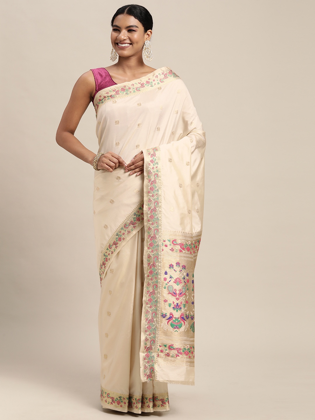 

Mitera White & Golden Ethnic Design Zari Silk Blend Paithani Saree