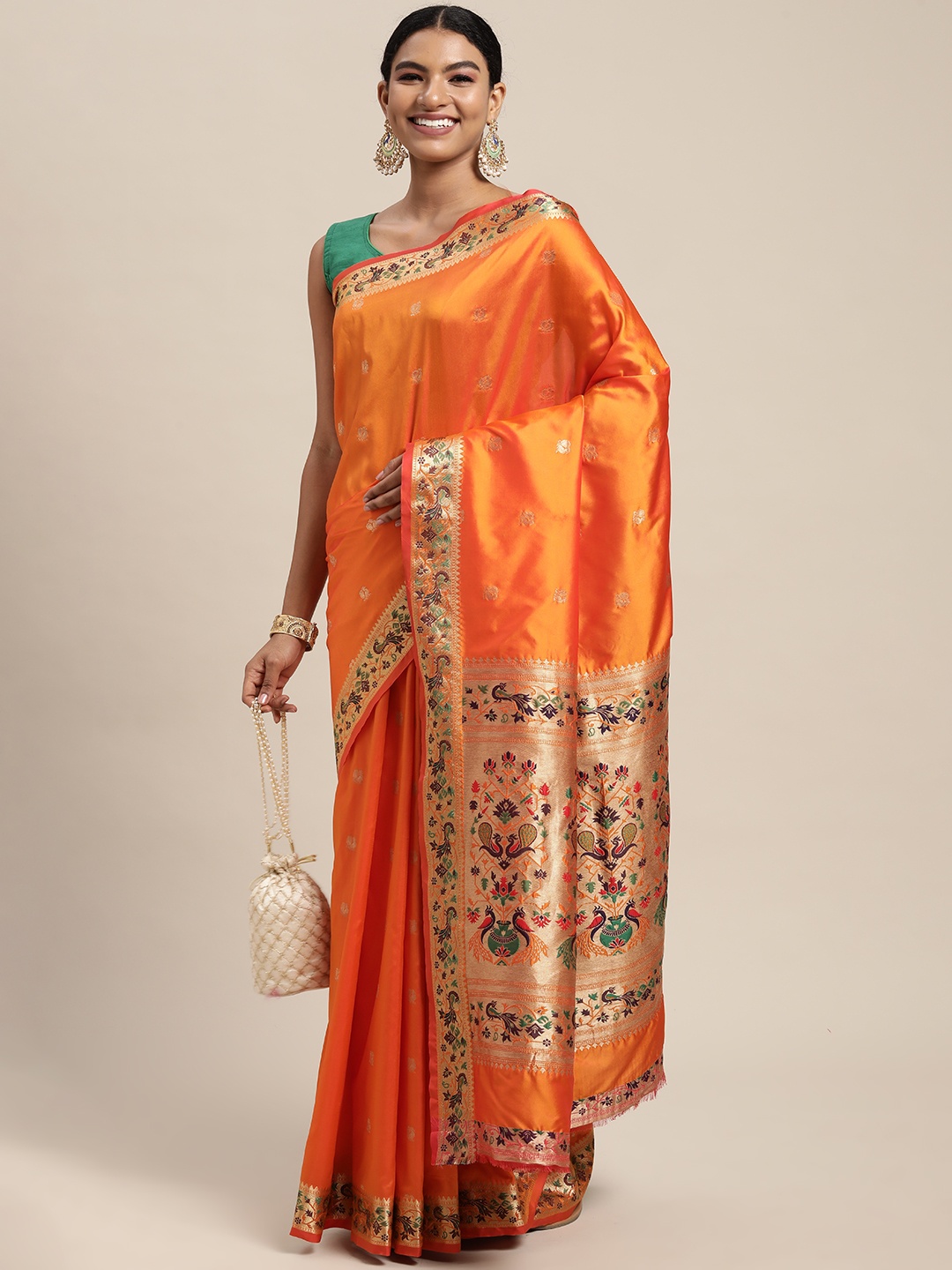 

Mitera Orange & Golden Paisley Design Zari Silk Blend Paithani Saree