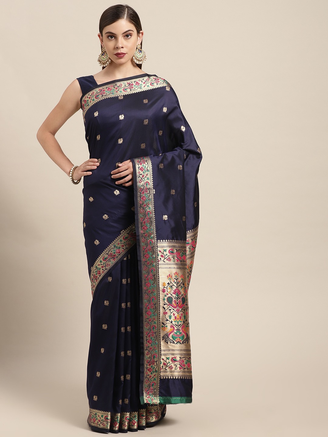 

Mitera Navy Blue & Golden Ethnic Woven Design Zari Silk Blend Paithani Saree