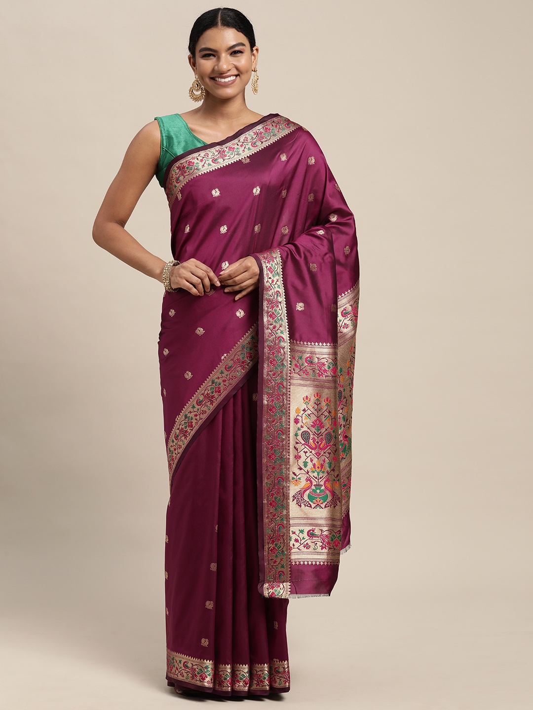 

Mitera Pink & Golden Ethnic Design Zari Silk Blend Paithani Saree