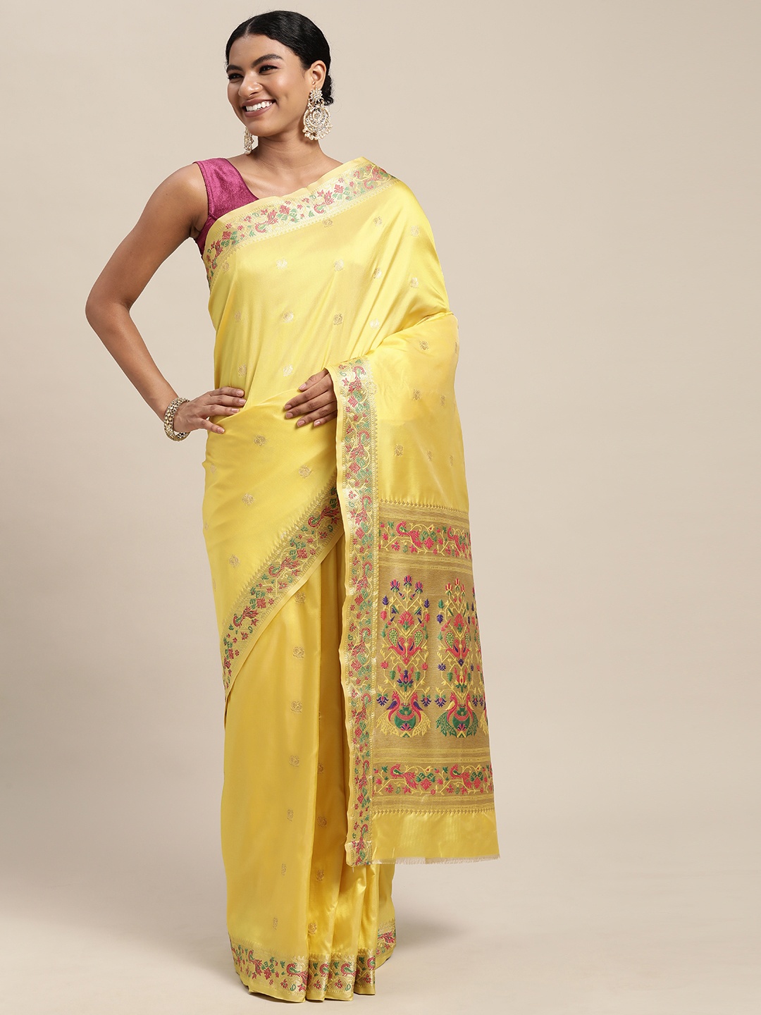 

Mitera Yellow & Golden Ethnic Design Zari Silk Blend Paithani Saree