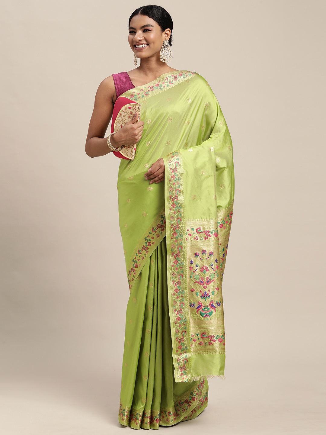 

Mitera Lime Green & Golden Ethnic Design Zari Silk Blend Paithani Saree