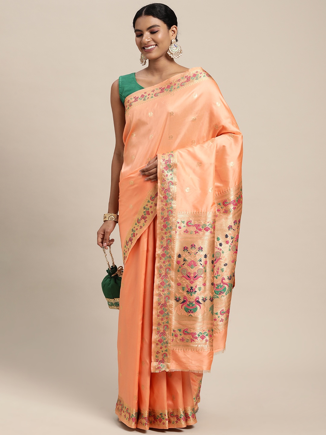 

Mitera Peach-Coloured & Golden Ethnic Woven Design Zari Silk Blend Paithani Saree