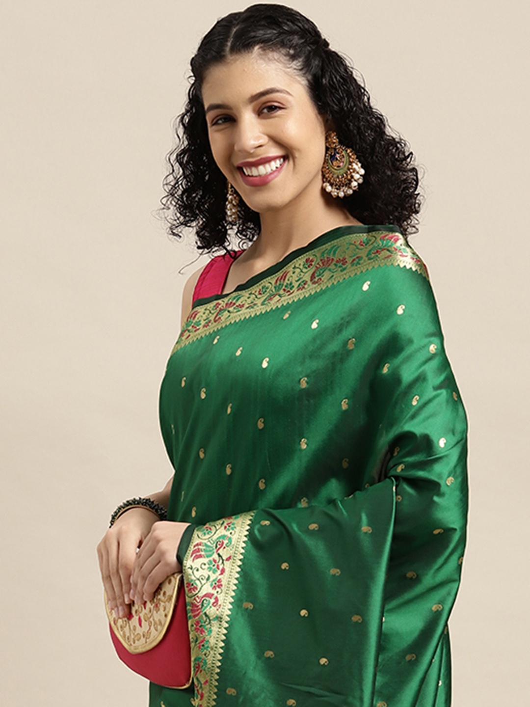 

Mitera Green & Golden Paisley Print Zari Silk Blend Paithani Saree
