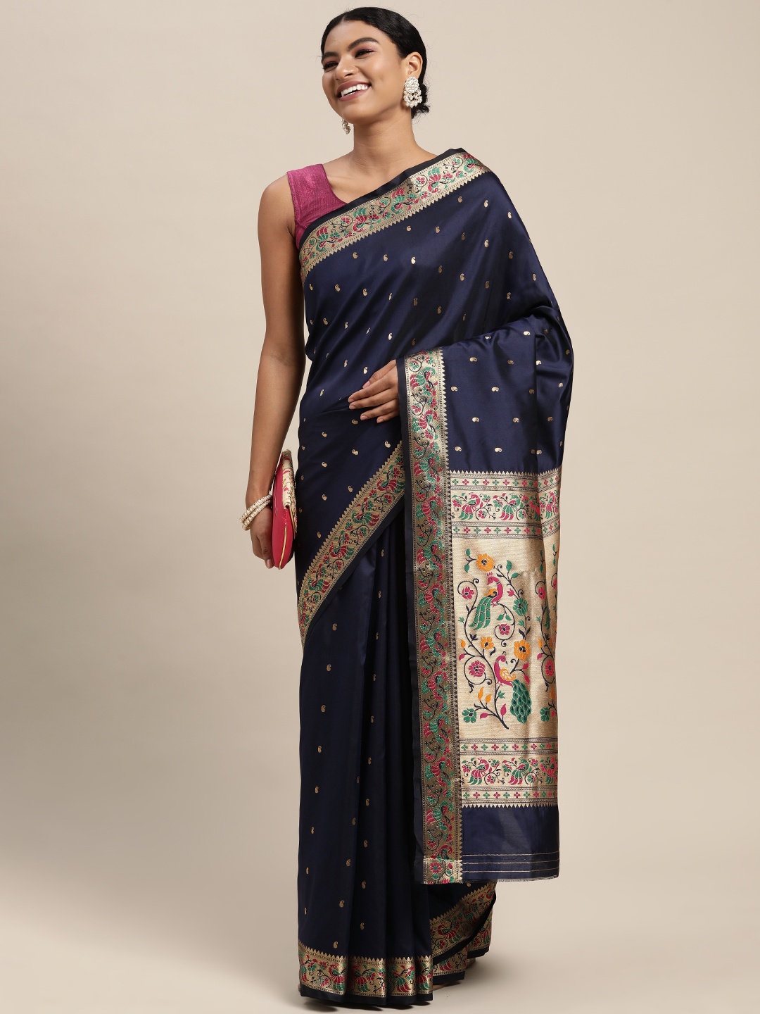 

Mitera Navy Blue & Golden Paisley Woven Design Zari Silk Blend Paithani Saree