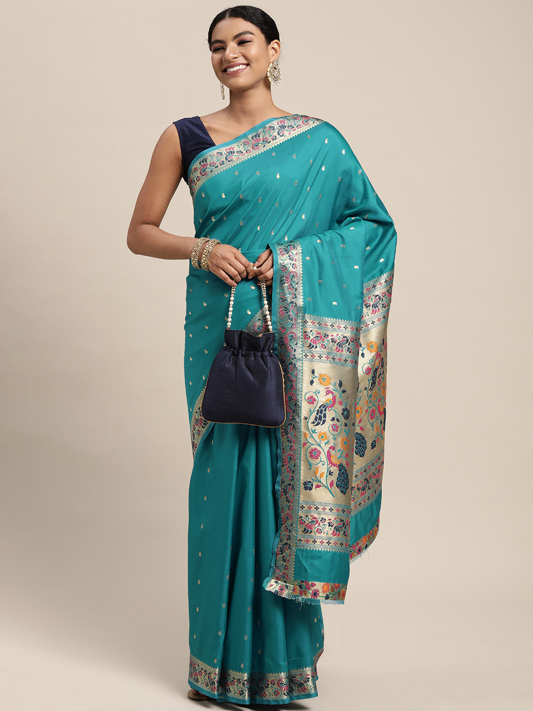 

Mitera Blue & Golden Paisley Design Zari Silk Blend Paithani Saree