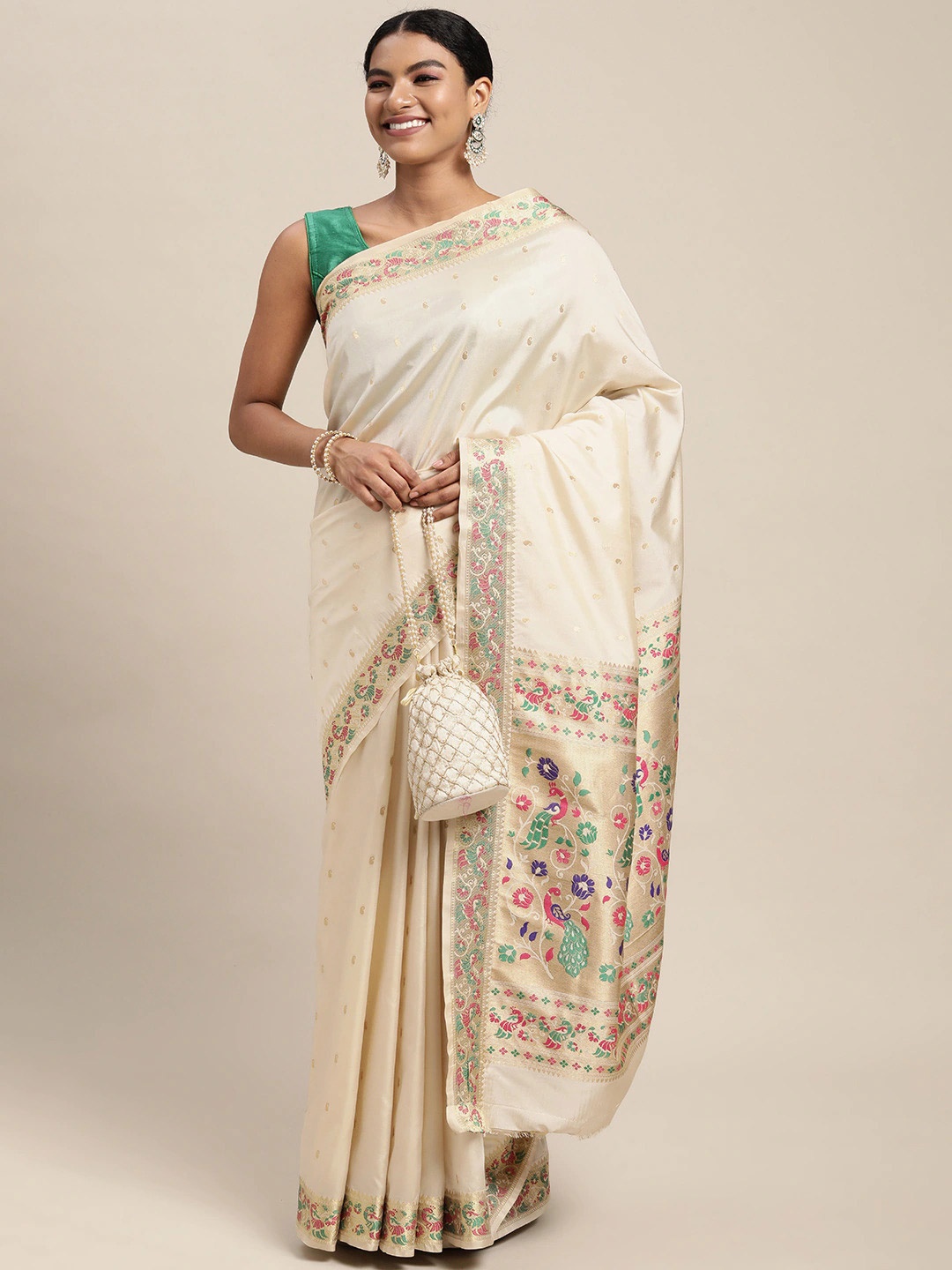 

Mitera White & Golden Paisley Design Zari Silk Blend Paithani Saree