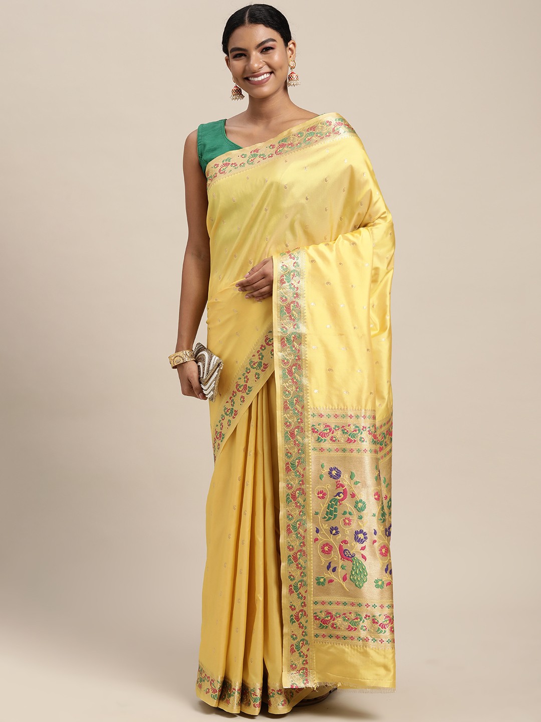 

Mitera Yellow & Golden Paisley Design Zari Silk Blend Paithani Saree