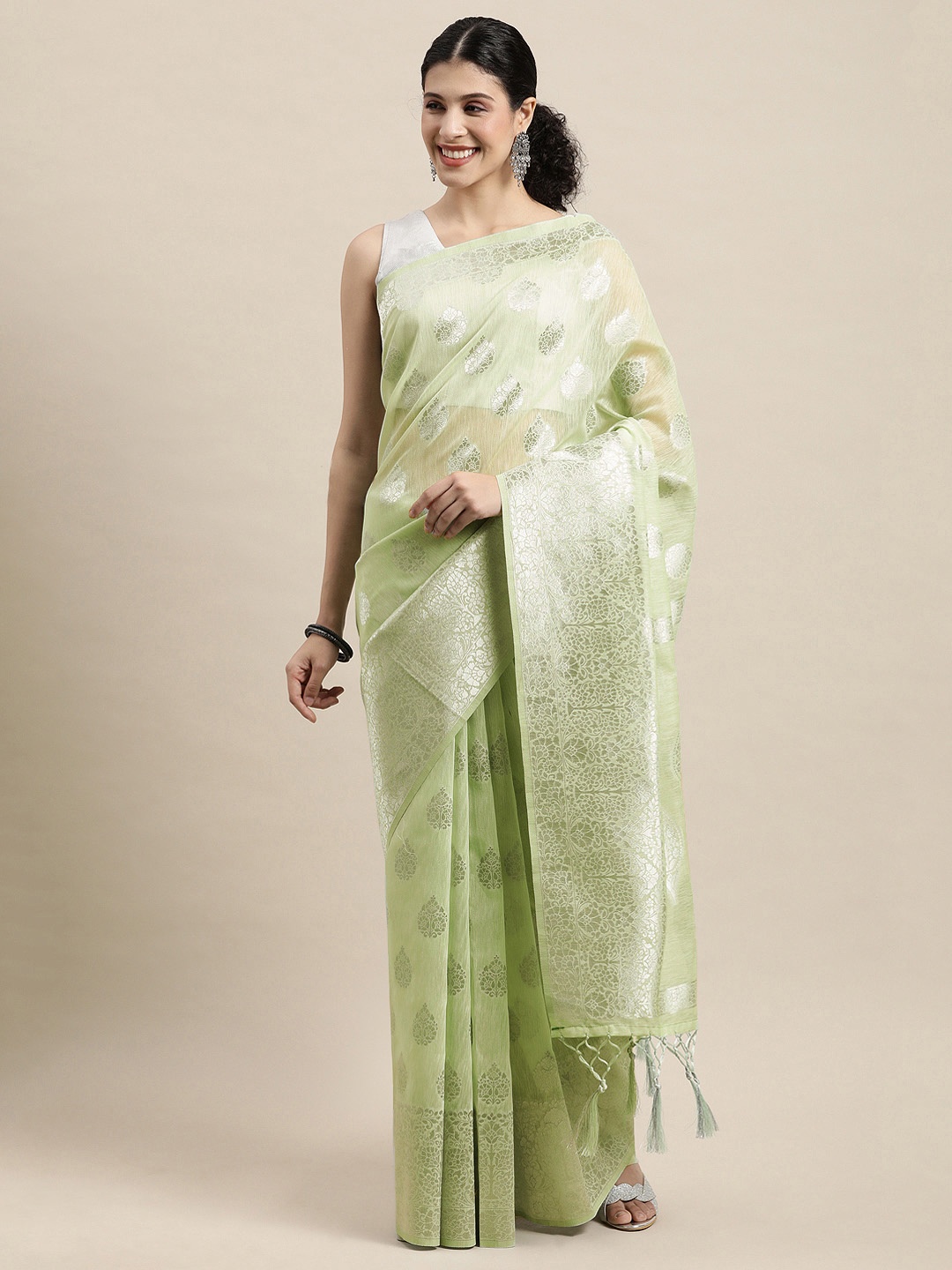 

SANGAM PRINTS Green & Silver Woven Design Zari Saree