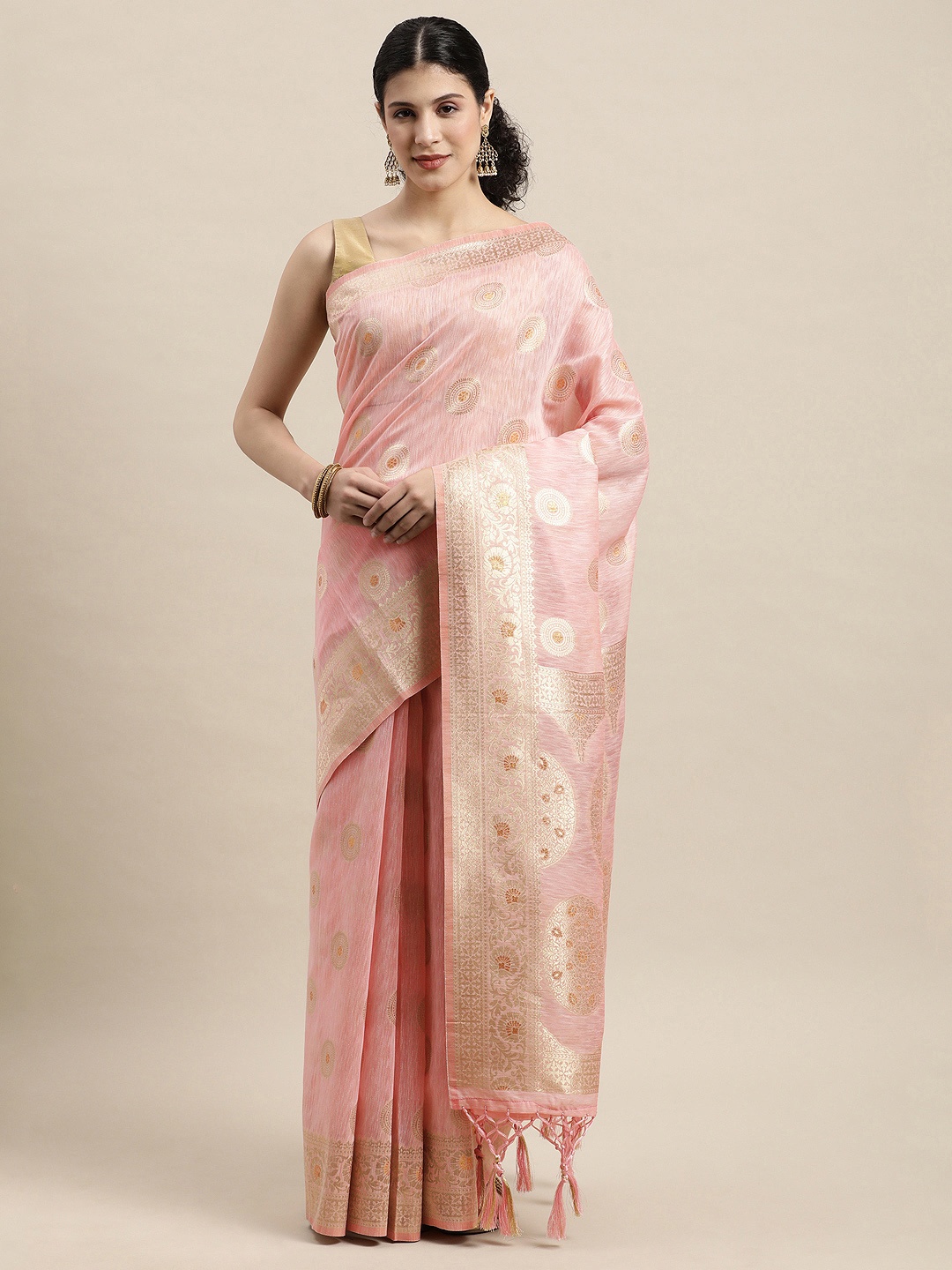 

SANGAM PRINTS Peach-Coloured & Golden Woven Design Zari Saree