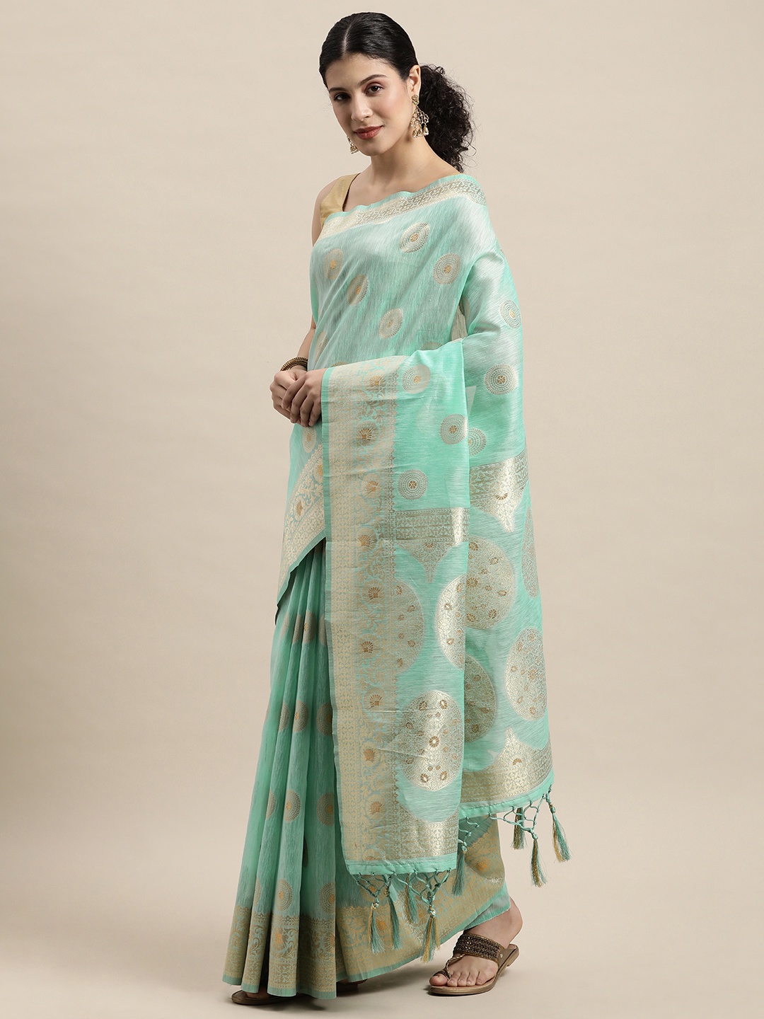 

SANGAM PRINTS Sea Green & Golden Woven Design Zari Saree