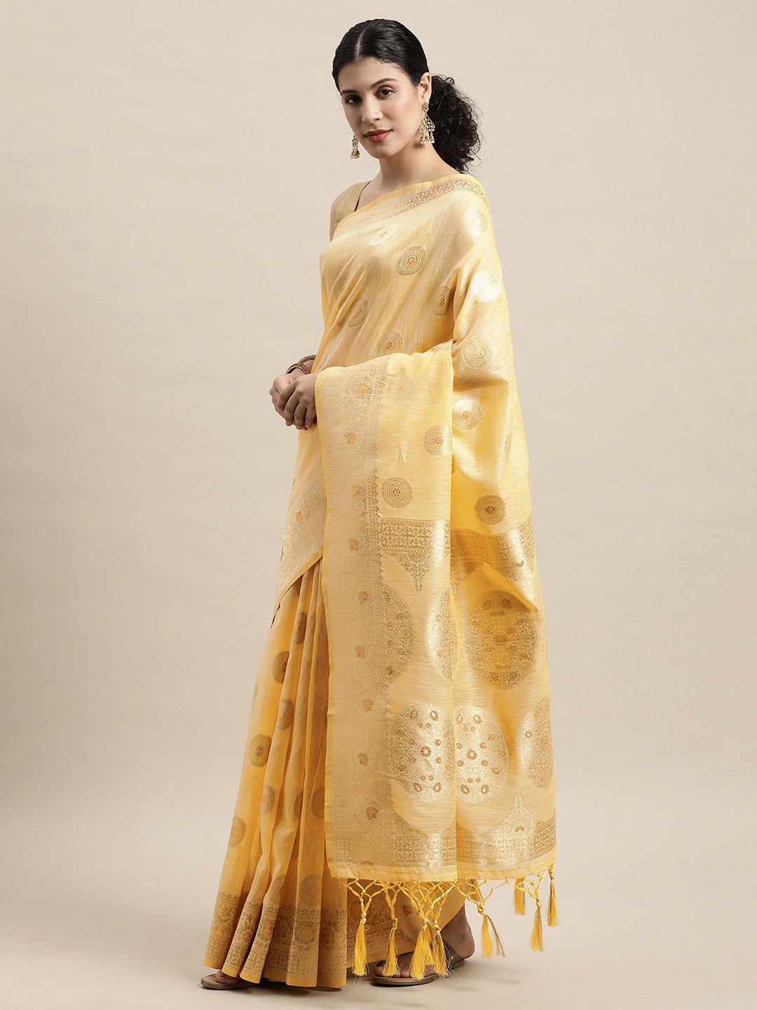 

SANGAM PRINTS Yellow & Golden Woven Design Zari Saree