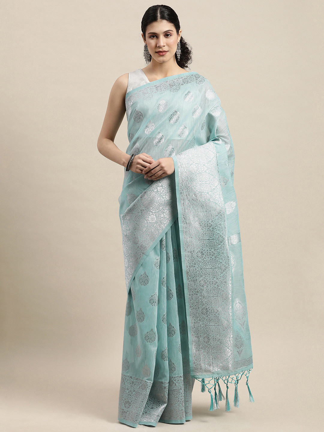 

SANGAM PRINTS Blue & Silver Woven Design Zari Saree