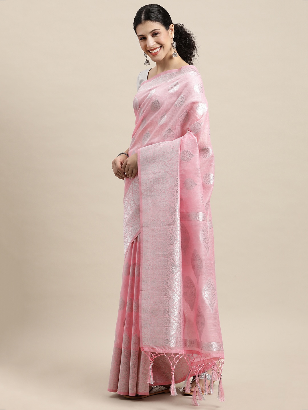 

SANGAM PRINTS Pink & Silver Woven Design Zari Saree