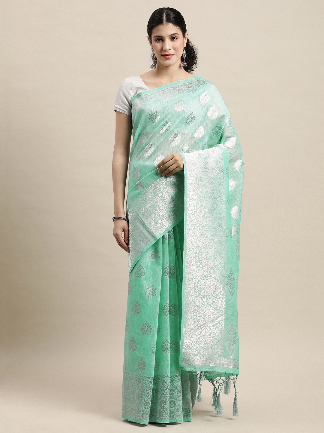 

SANGAM PRINTS Sea Green & Silver Woven Design Zari Saree