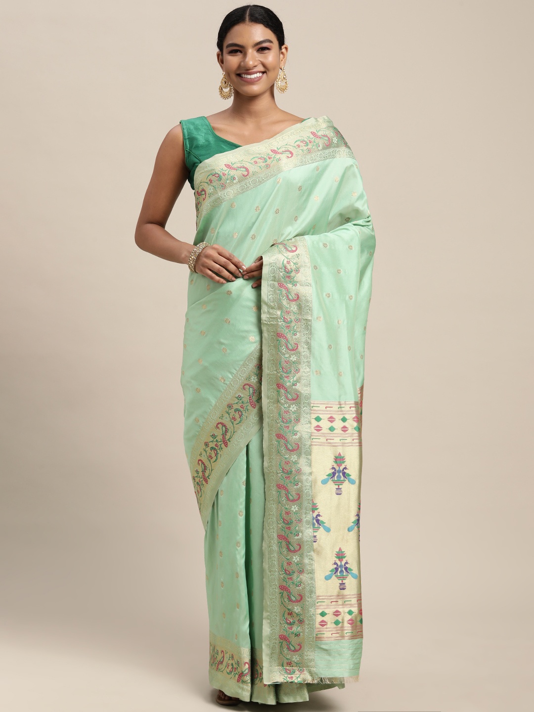 

Mitera Sea Green & Golden Ethnic Woven Design Zari Silk Blend Paithani Saree
