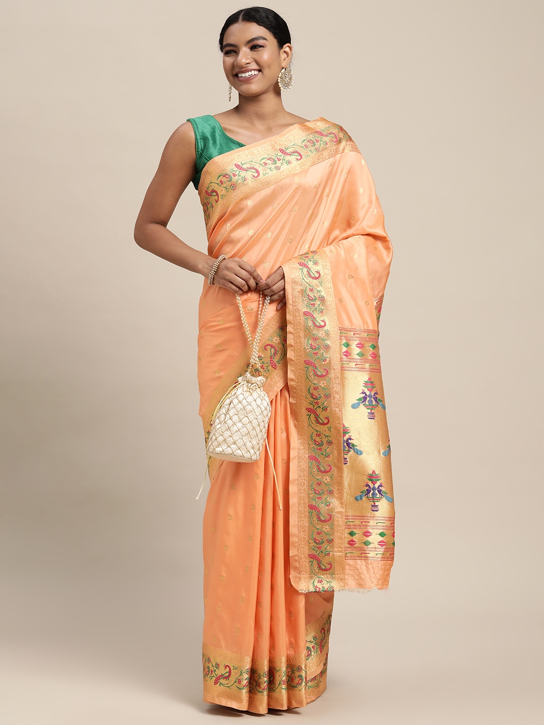 

Mitera Peach-Coloured & Golden Ethnic Design Zari Silk Blend Paithani Saree