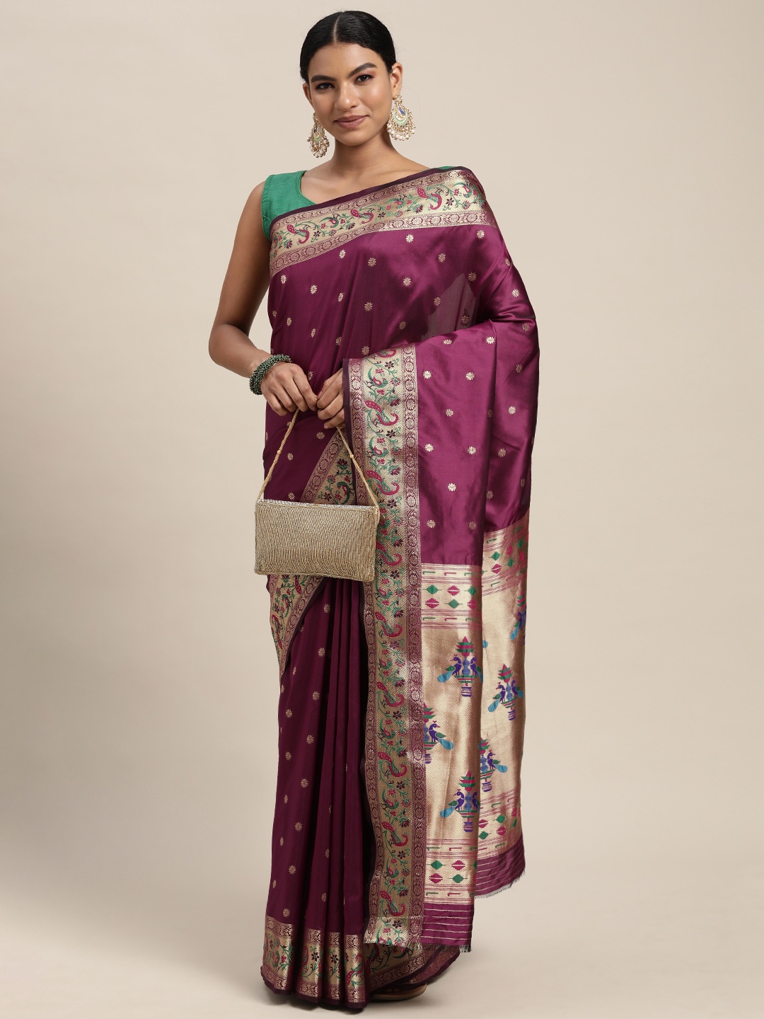 

Mitera Burgundy & Golden Ethnic Woven Design Zari Silk Blend Paithani Saree