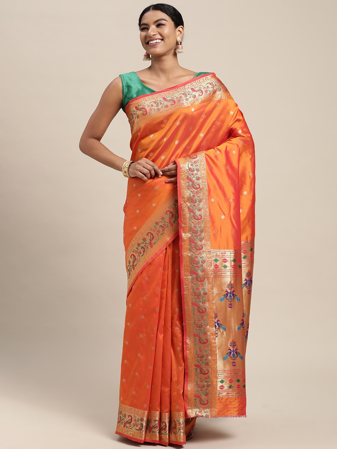 

Mitera Orange & Golden Ethnic Woven Design Zari Silk Blend Paithani Saree