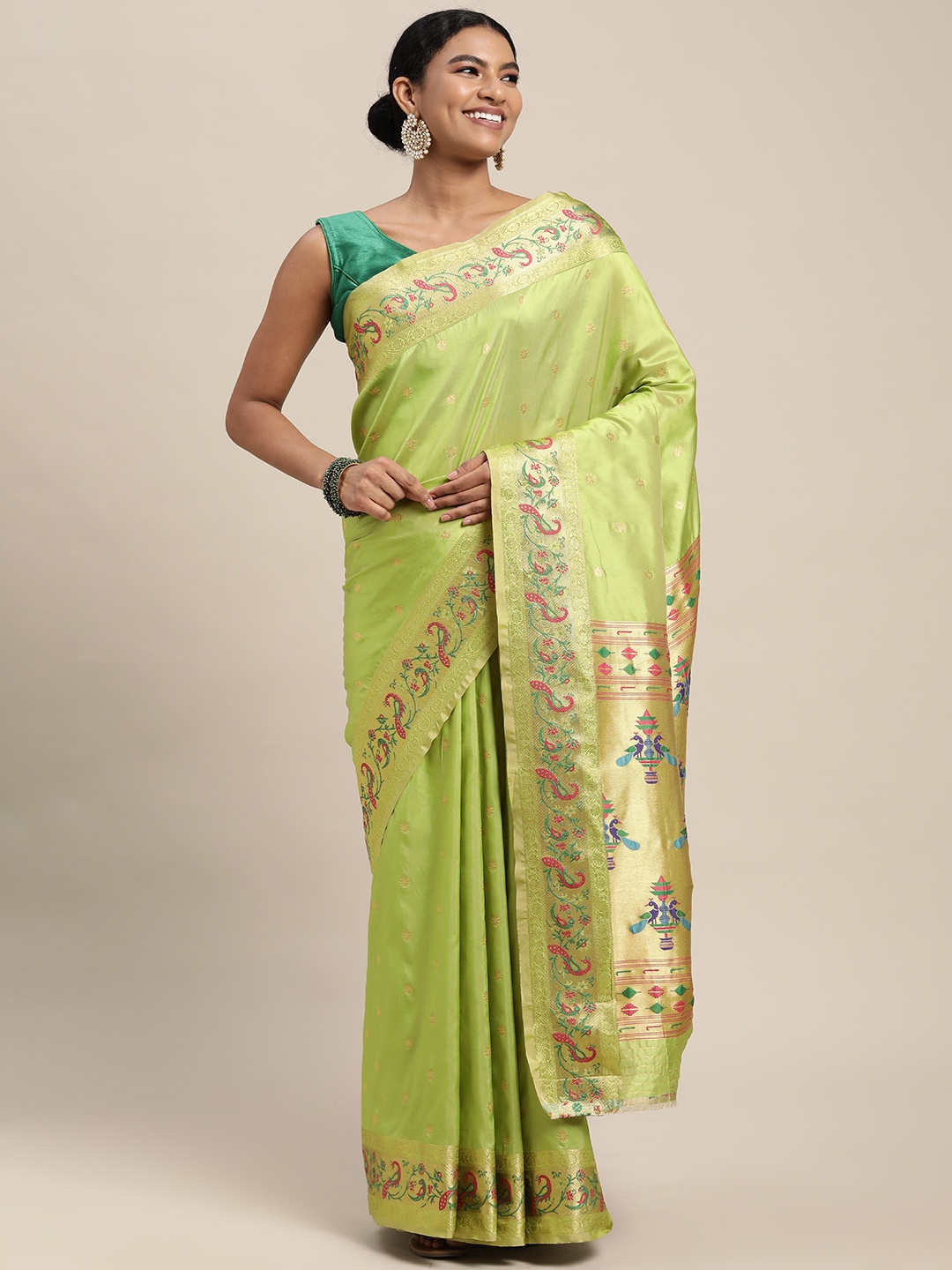 

Mitera Lime Green & Golden Ethnic Woven Design Zari Silk Blend Paithani Saree