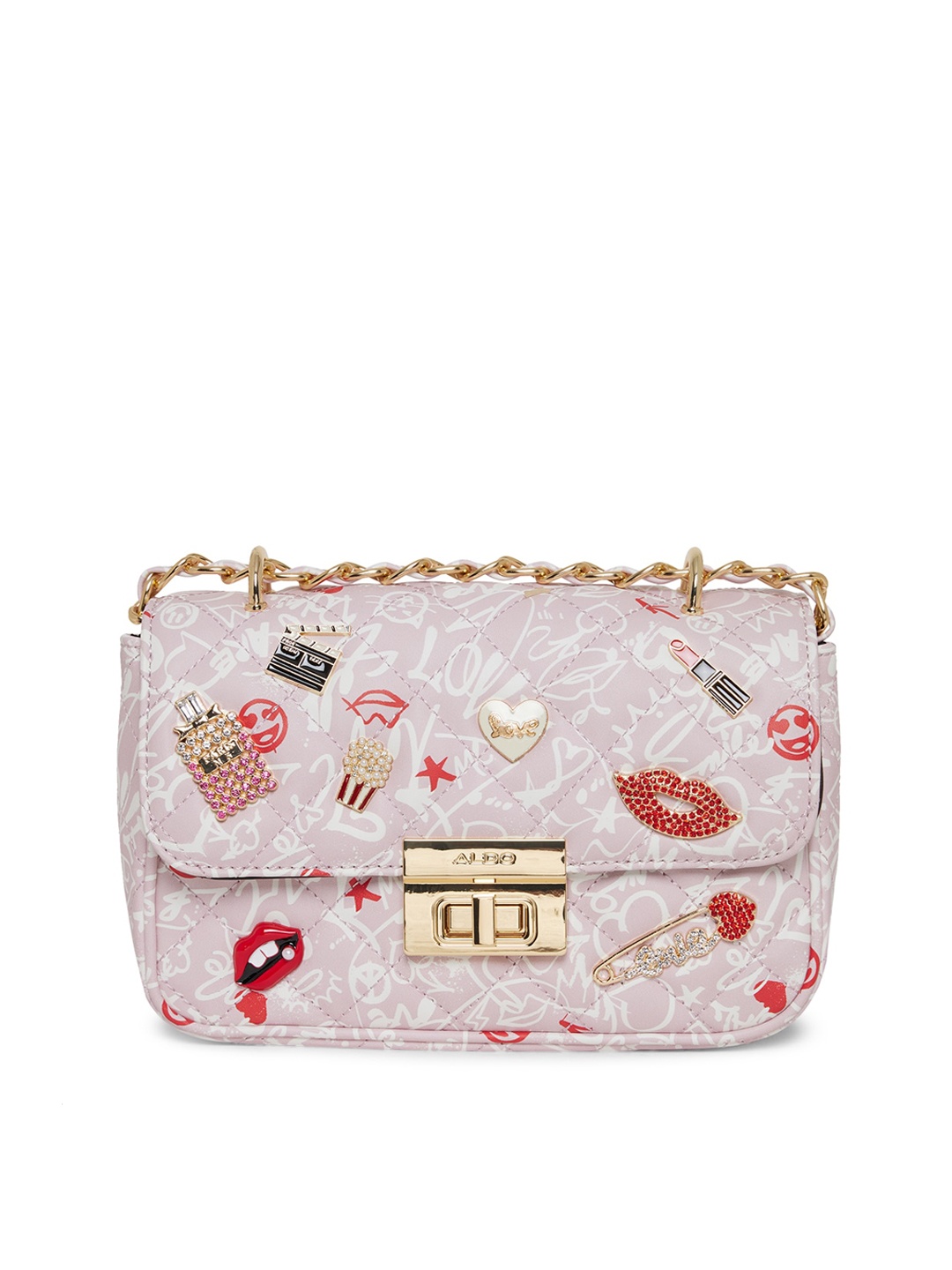 

ALDO Women Pink & White Printed Bucket Sling Bag with Quilted