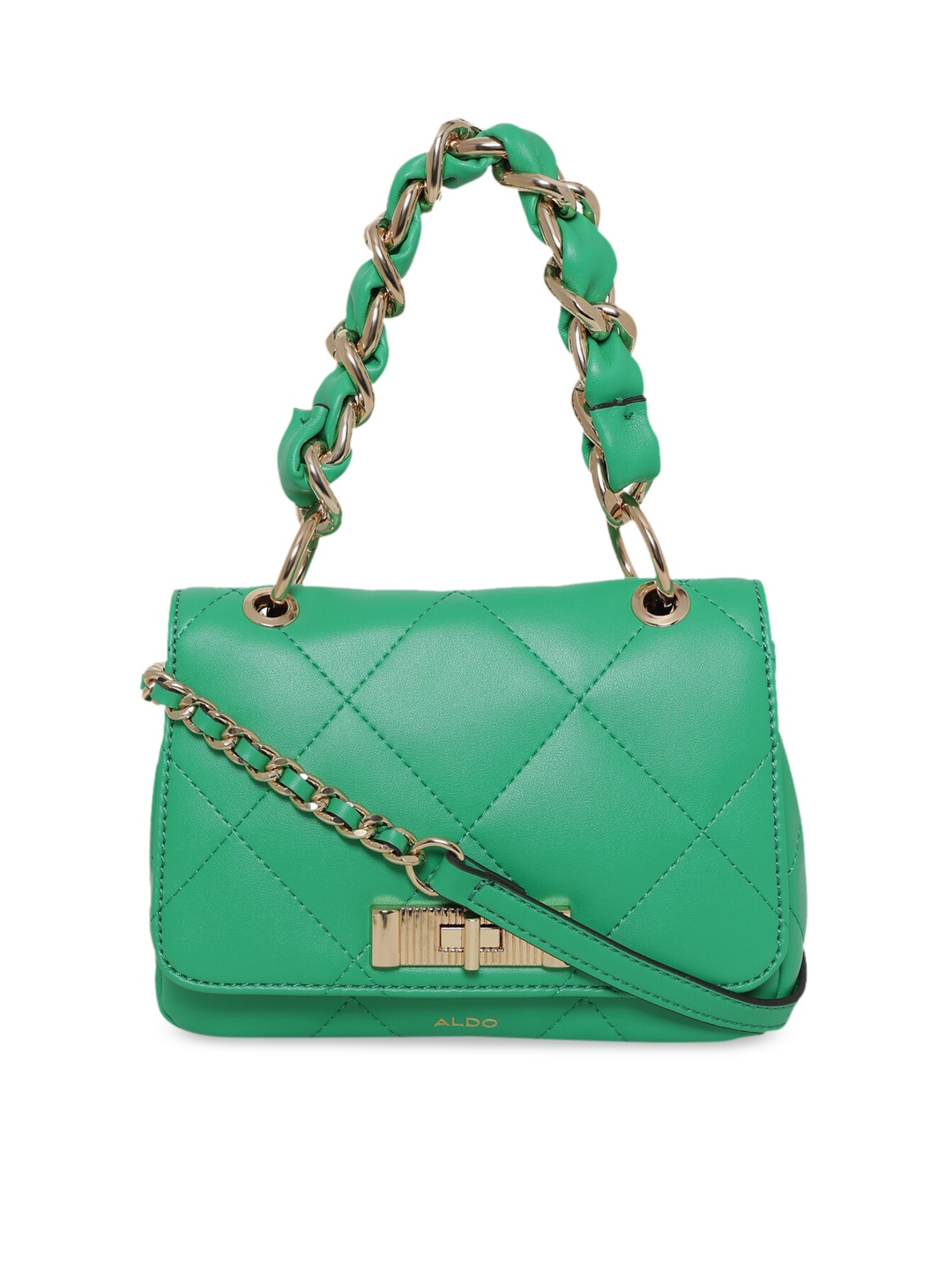 

ALDO Green Embellished Structured Satchel with Quilted Bag