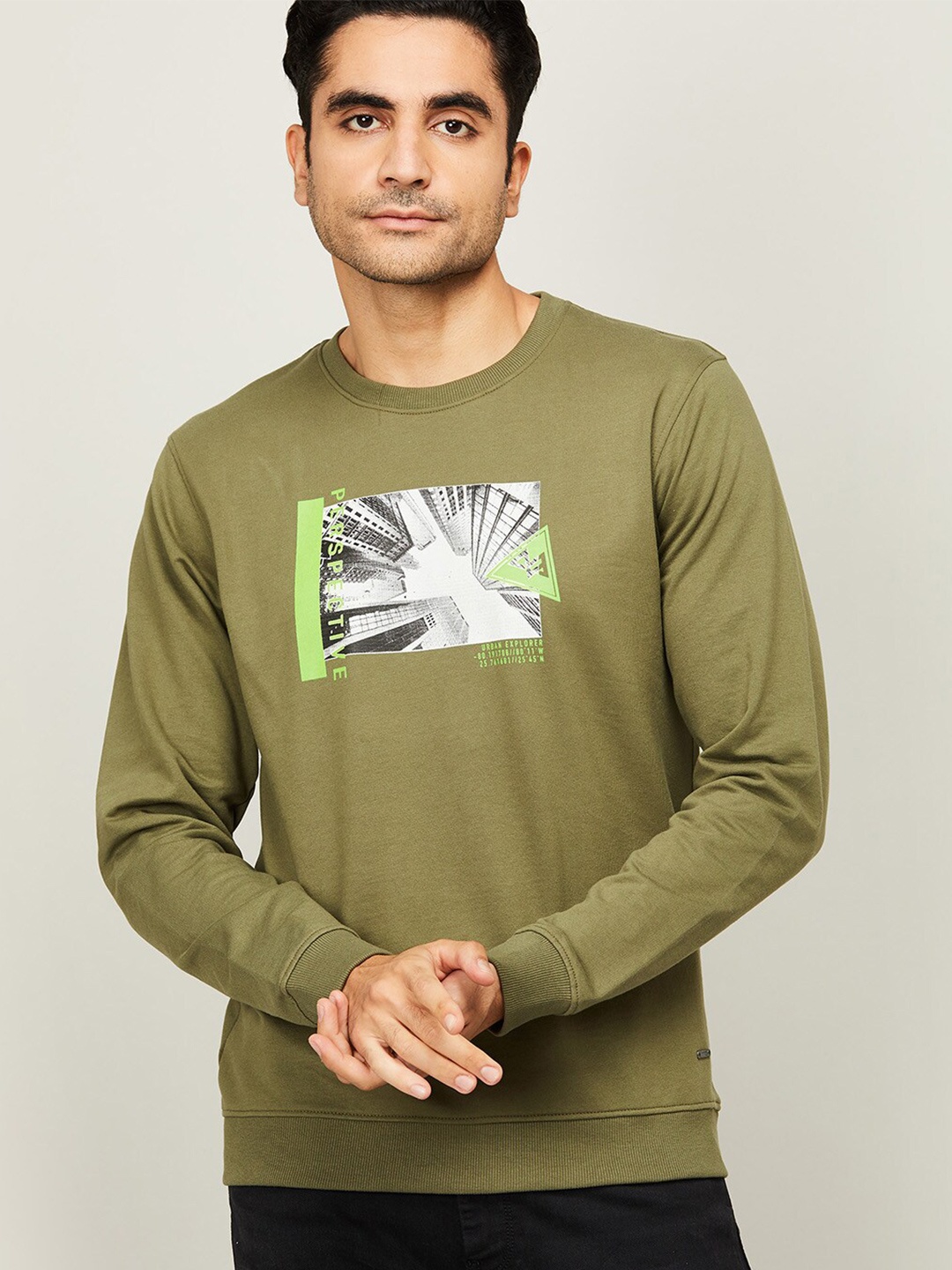 

Bossini Men Olive Green Printed Sweatshirt